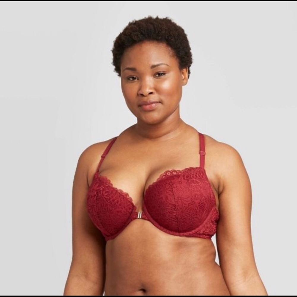 Auden Plunge Coverage Push Up Racerback Bra Floral Lace Berry Red 34D